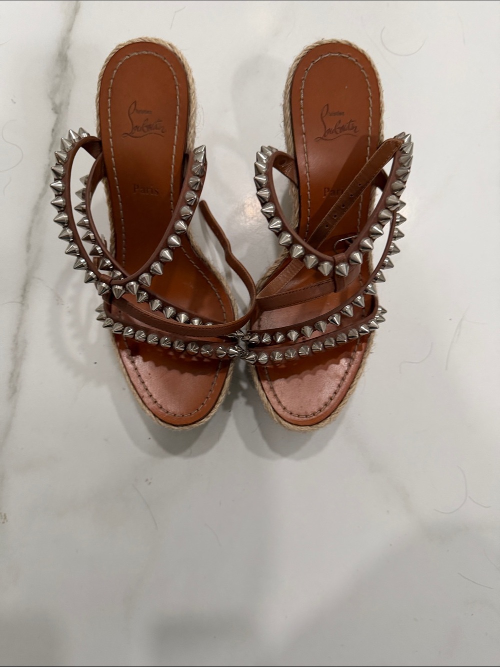 Christian Louboutin Brown Leather Studded Slide Sandals